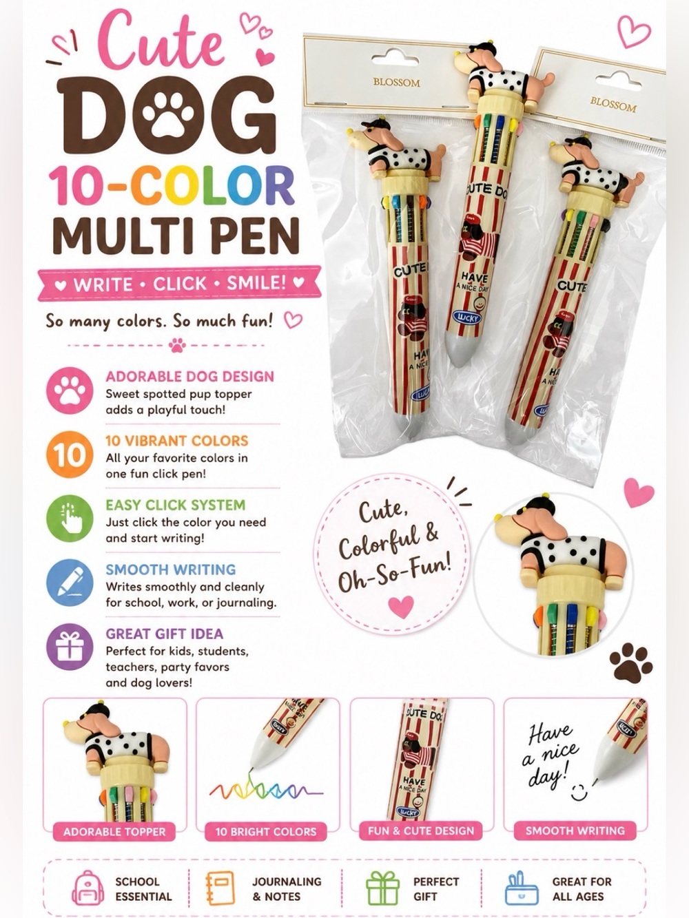 THREE CUTE 3D DOG 10 COLOR FUN CLICK INK PENS